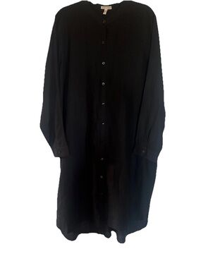 Eileen Fisher SZ XL Black Linen Button Front Shirt Tunic MIDI Lagenlook Dress